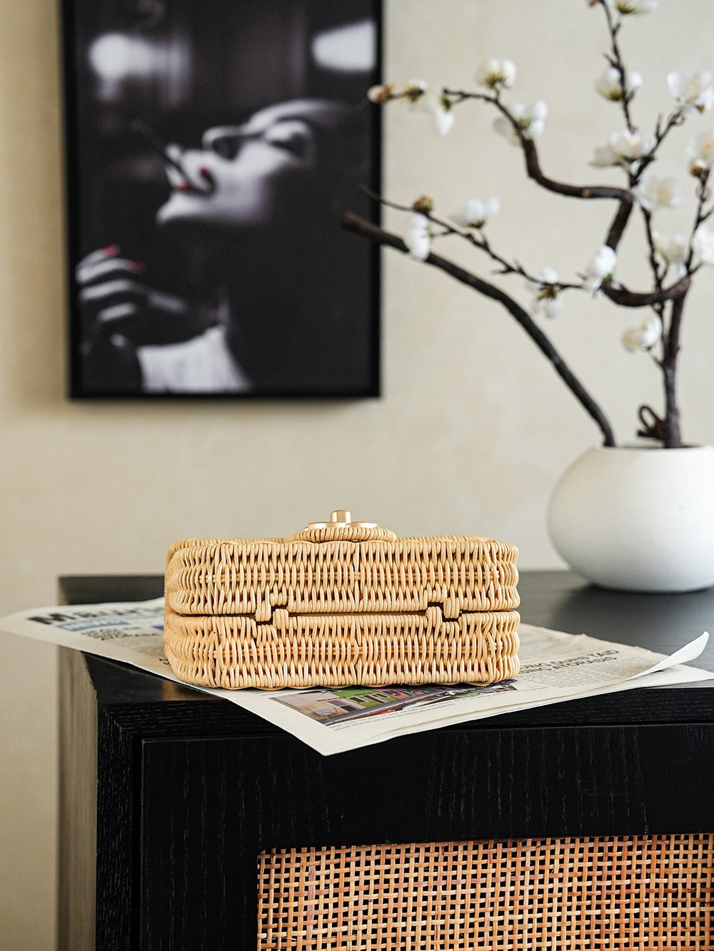 Ch@nel Mini Flap Bag With Top Handle, Braided Rattan & Gold-Tone-13*18.5*7CM