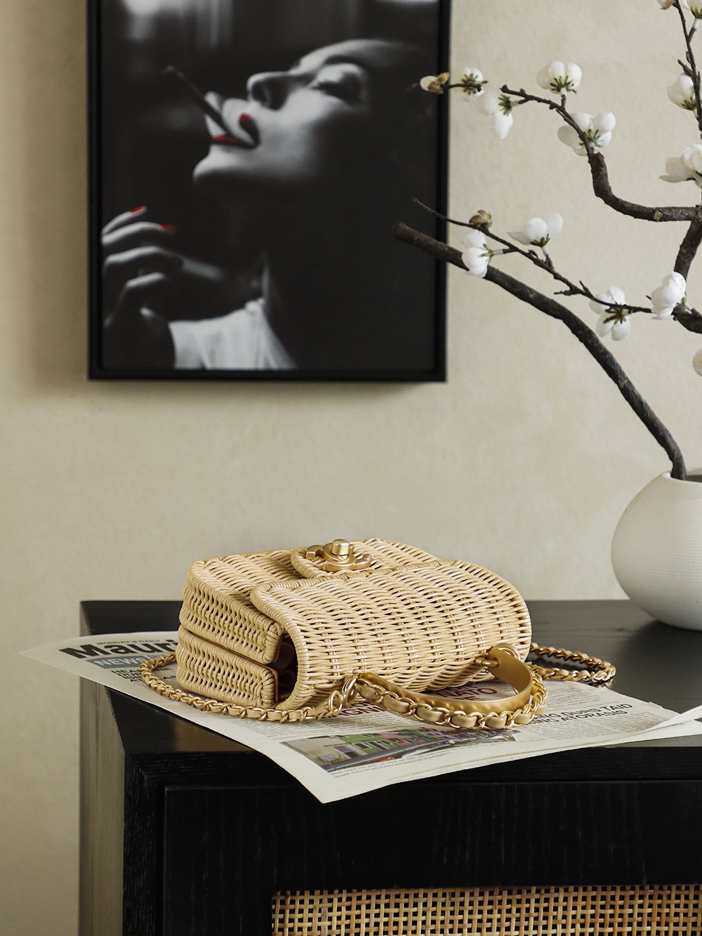 Ch@nel Mini Flap Bag With Top Handle, Braided Rattan & Gold-Tone-13*18.5*7CM