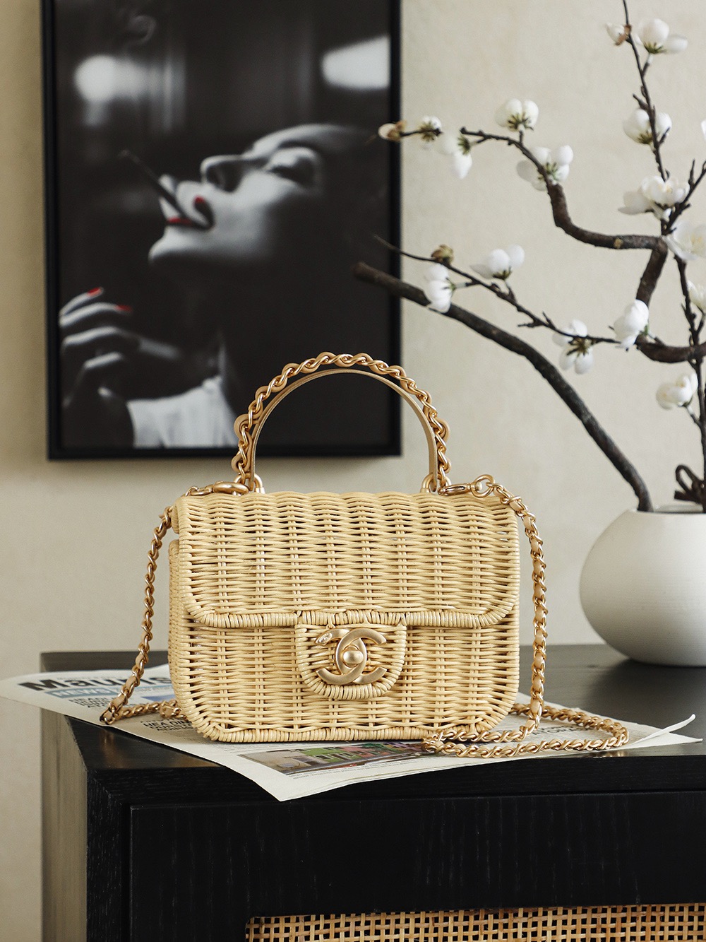 Ch@nel Mini Flap Bag With Top Handle, Braided Rattan & Gold-Tone-13*18.5*7CM