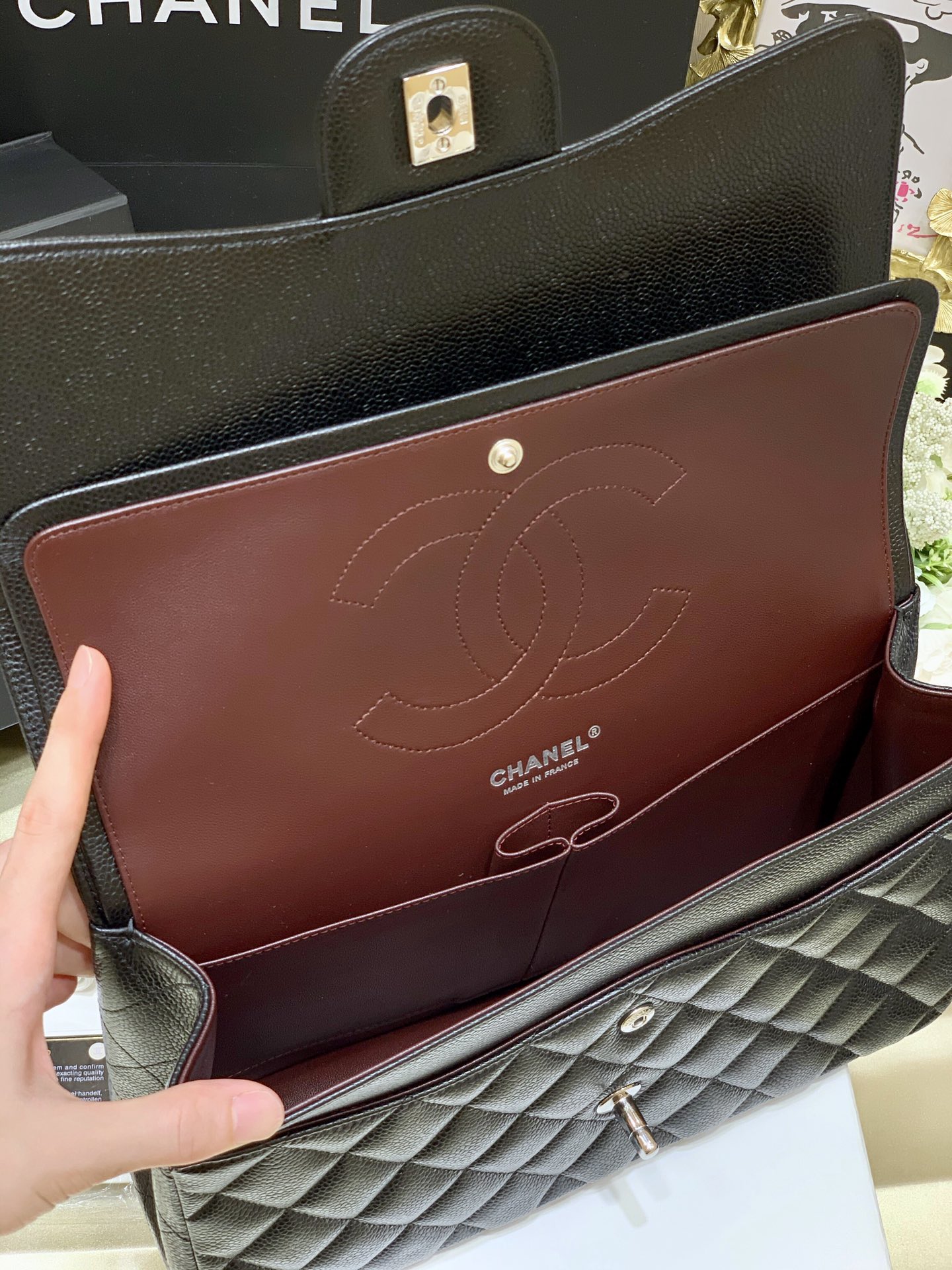 Ch@nel Flap Bag-Cavir Leather-Silver-30CM