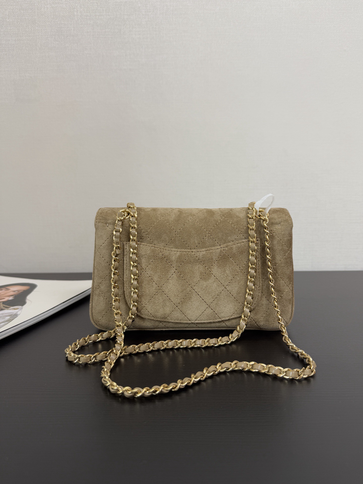 Ch@nel Suede Calfskin Mini Flap Bag In Dark Beige With Gold-tone-13*20*6CM