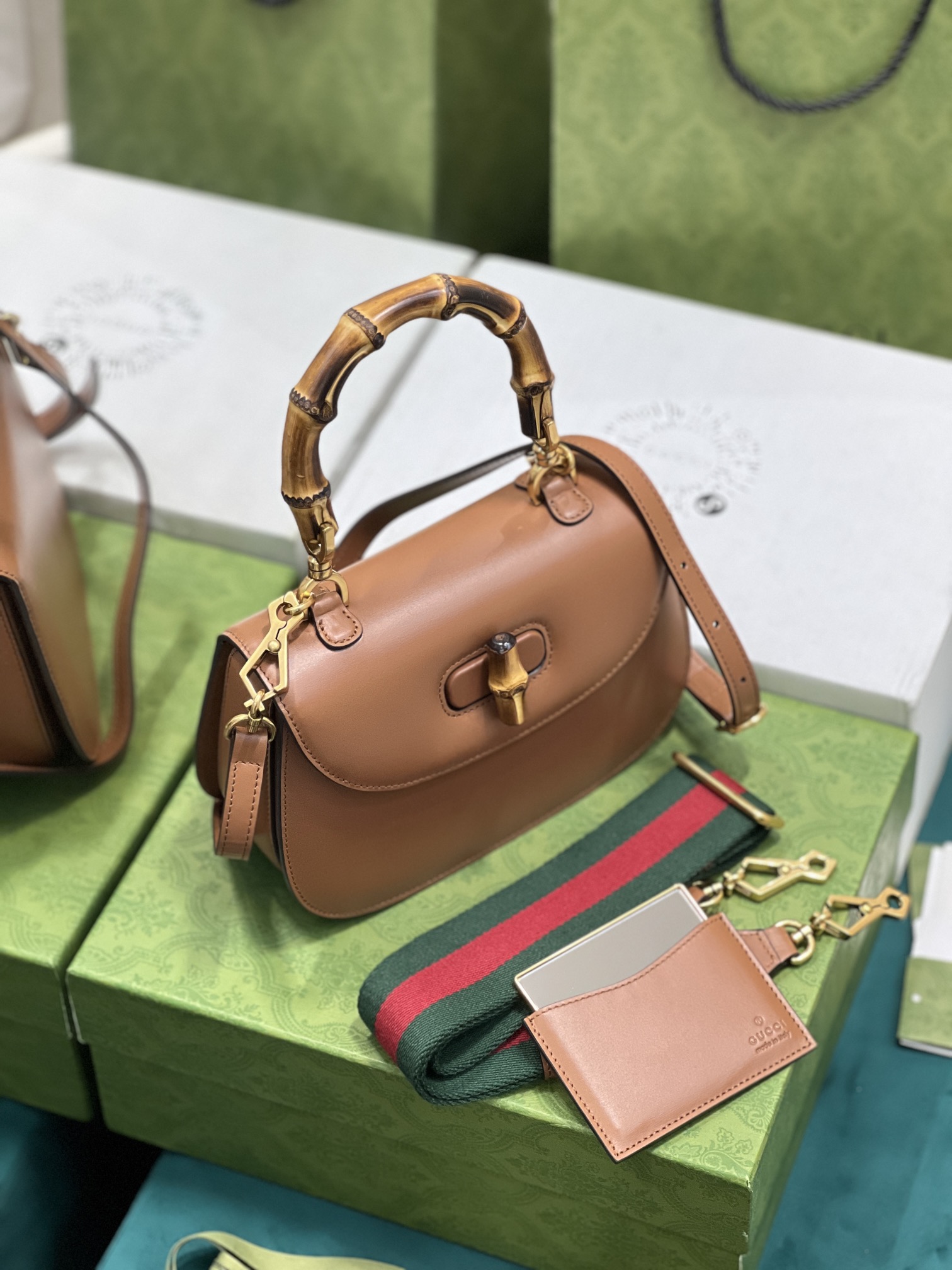 G*u*i top handle bag with bamboo-17*12*7.5&21*15*7cm