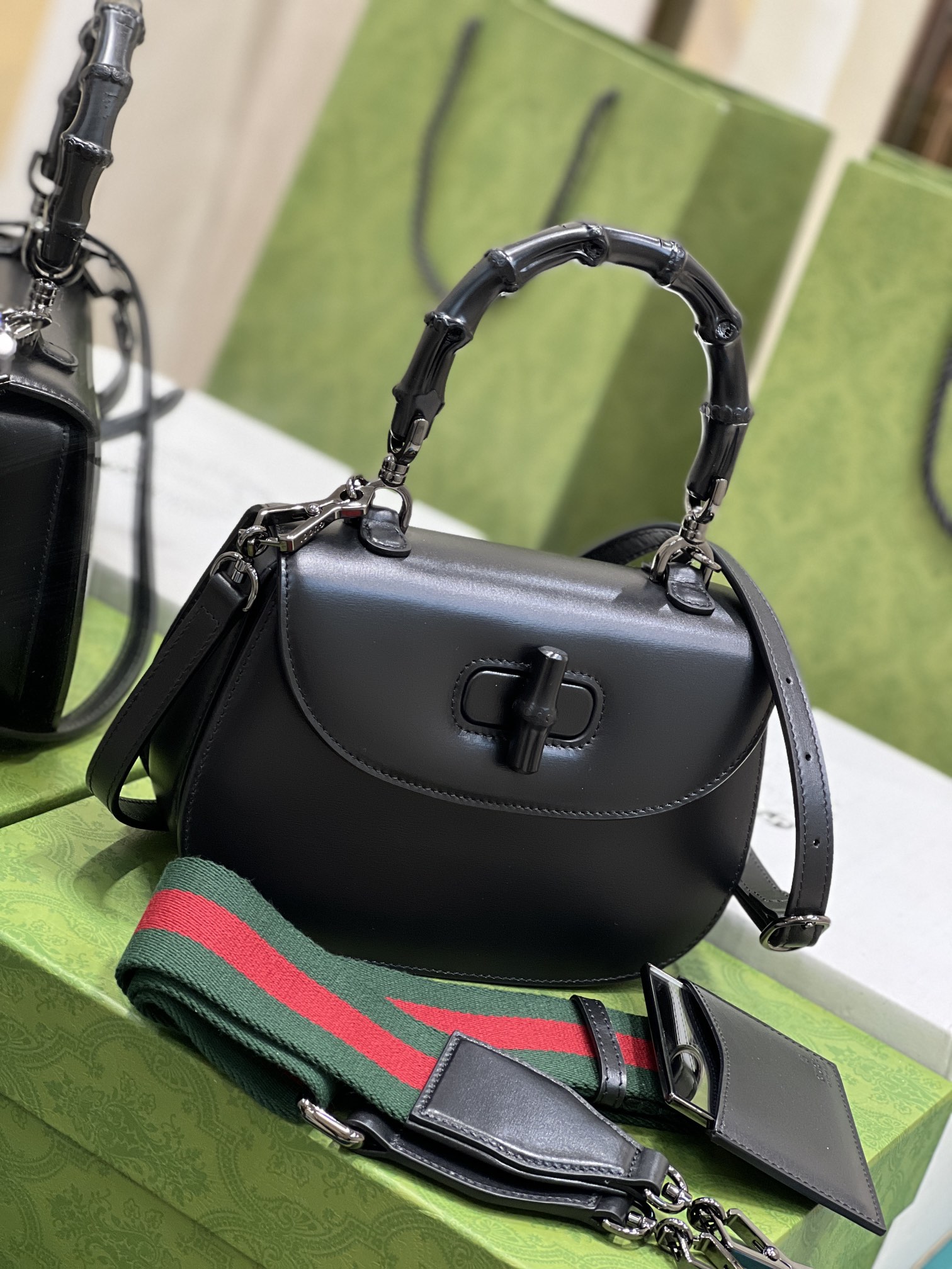 G*u*i top handle bag with bamboo-17*12*7.5&21*15*7cm