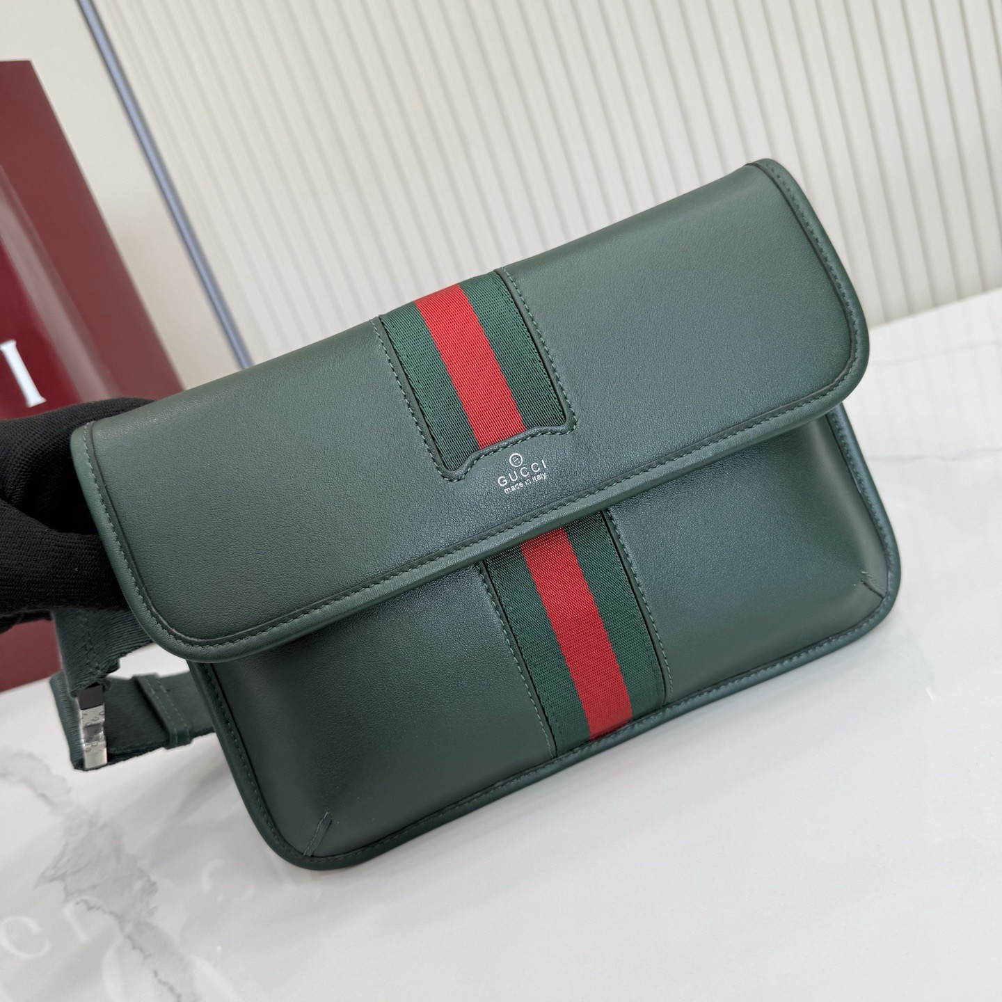Gv*c*Web Trademark Small Belt Bag In Dark Green Leather -24*17*3.5CM