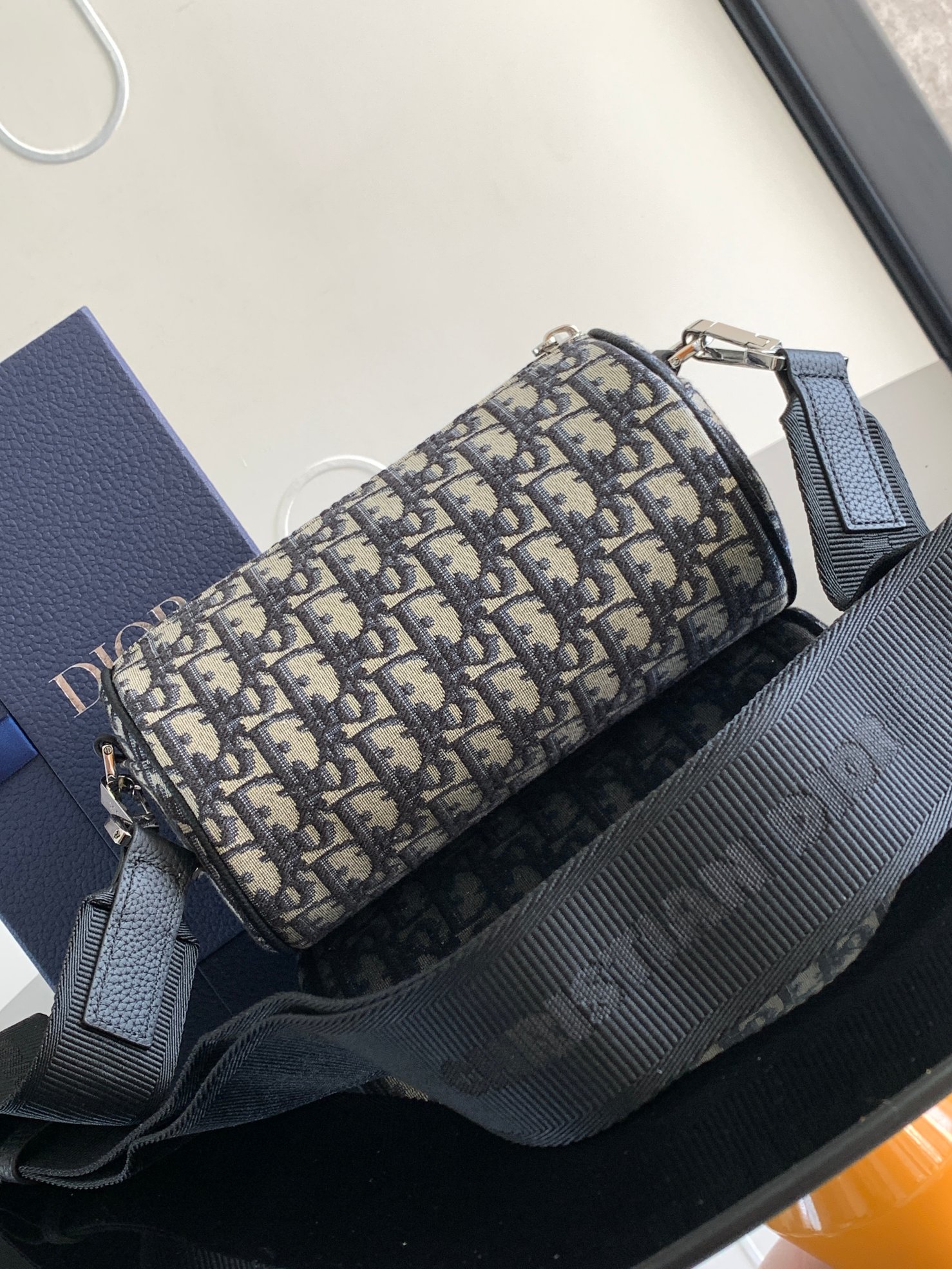 D*or oblique barrel crossbody bag-21.3x12.5x12.5cm