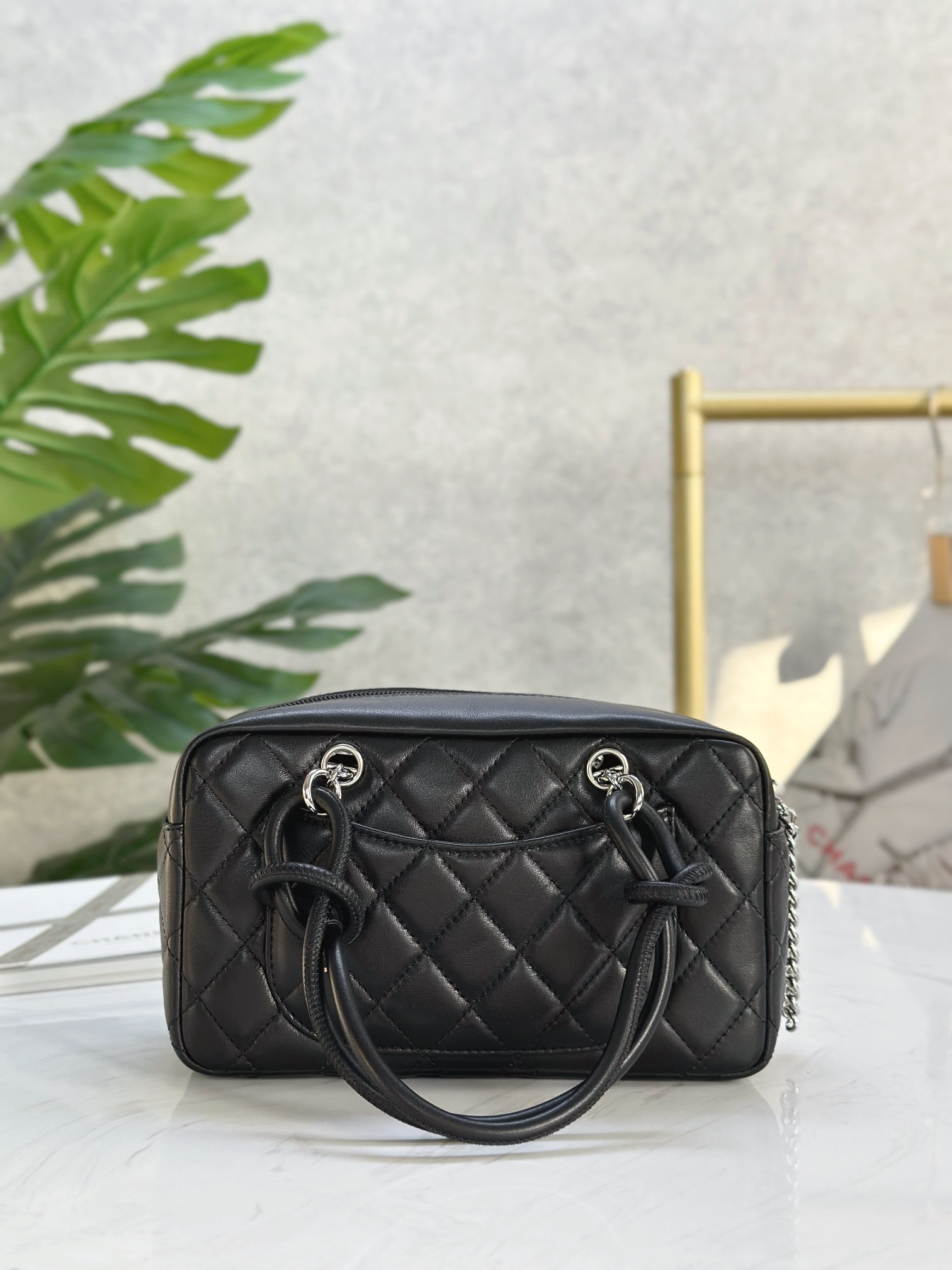 Ch@nel Calfskin Quilted Small Cambon Bowler Black White-19.5*10.5*9CM