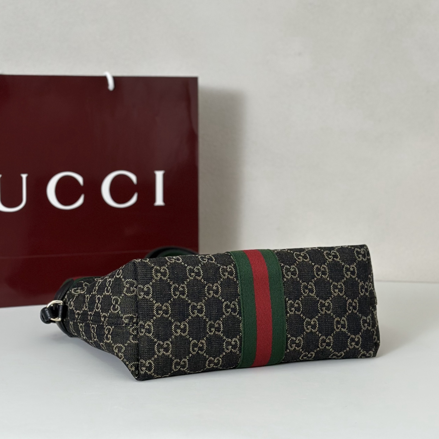 Gv*c*i Denim GG Monogram Web Small Giglio Tote Black-25*20*15CM