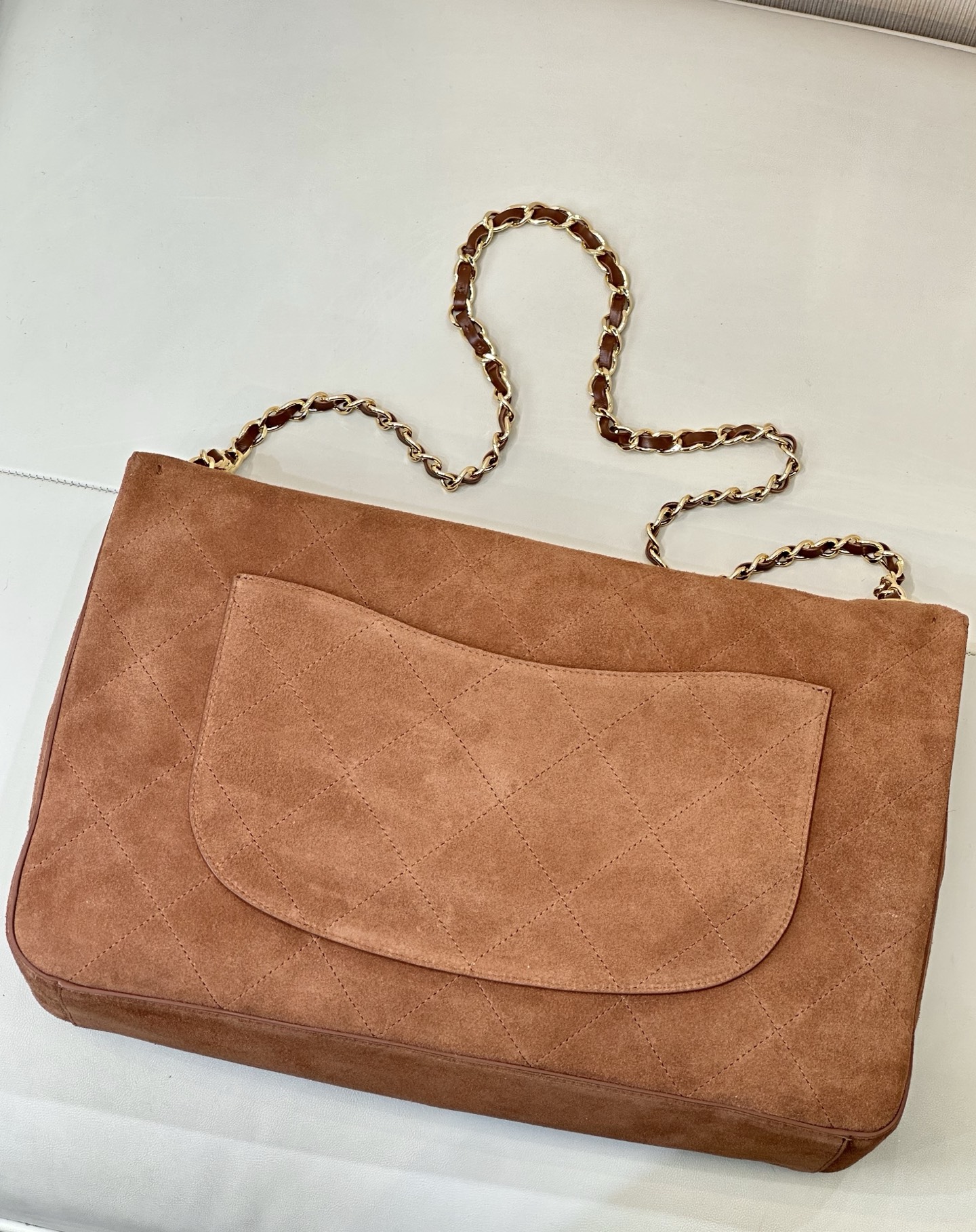 Cha**nel Suede Calfskin Small Souplissimo Maxi Flap Camel -26*38.5*11CM